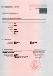 Abridged copy of birth certificate from Poland, Shortened copy of birth certificate from Poland